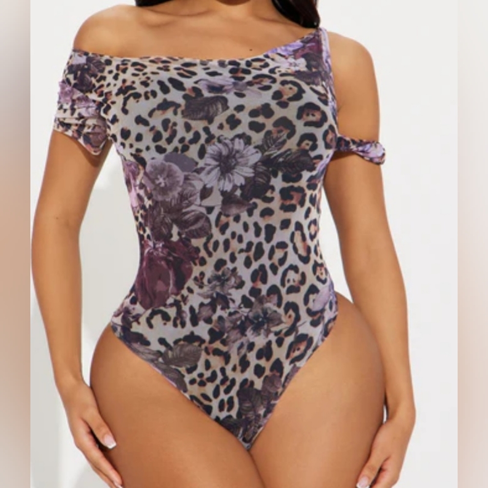 Fashion Nova Purple Floral Leopard Off-Shoulder Kids One-Piece